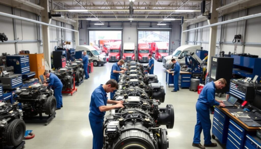 Diesel technician apprentice receiving hands-on training in shop environment