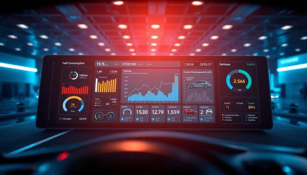 Automated fuel tracking dashboard displaying real-time fleet consumption metrics and vehicle performance data