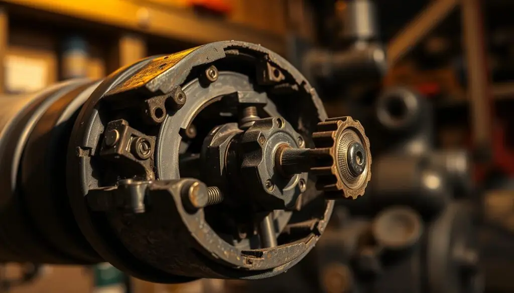 Failed automatic slack adjuster showing seized mechanism and damaged housing on commercial vehicle brake assembly