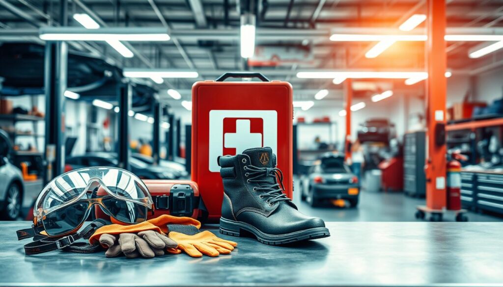 Diesel technician wearing PPE in fleet maintenance shop with safety equipment visible