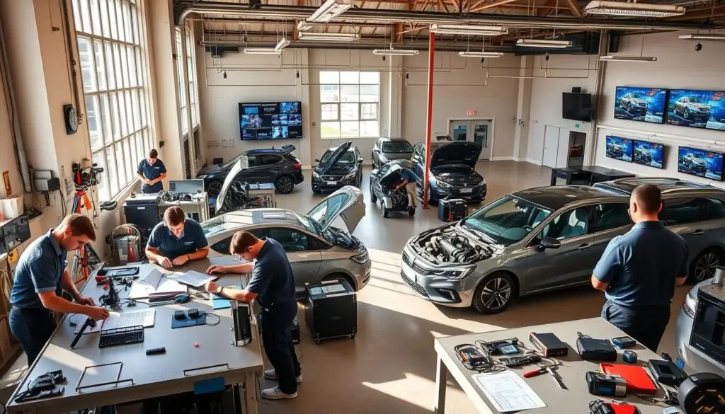 Students working on diesel engines in an accredited automotive technician training facility