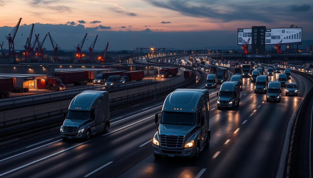 Autonomous Class 8 truck with visible LiDAR and radar sensor arrays operating on interstate highway