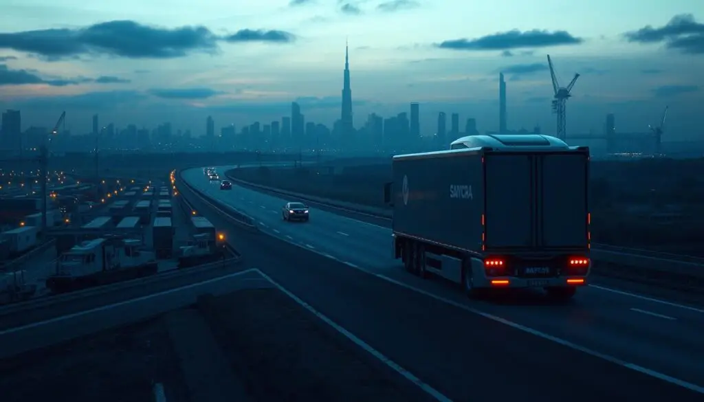 Fleet management dashboard displaying real-time autonomous truck positions, performance metrics, and predictive maintenance alerts