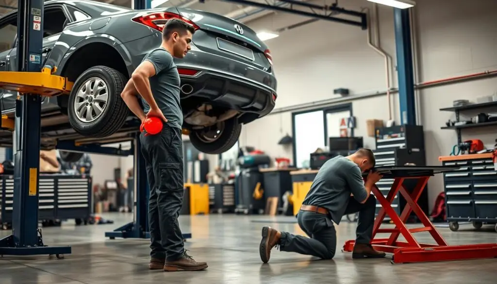 Diesel technician demonstrating proper back posture during repair work
