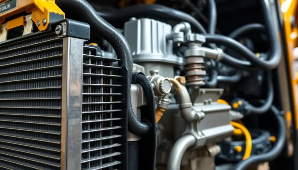 Diagram of backhoe engine cooling system components including water pump, radiator, thermostat, and cooling fan