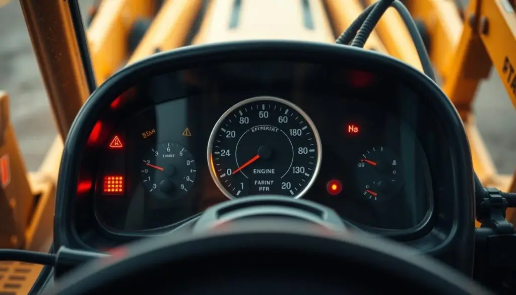 Backhoe operator dashboard displaying temperature gauge in warning zone with indicator lights