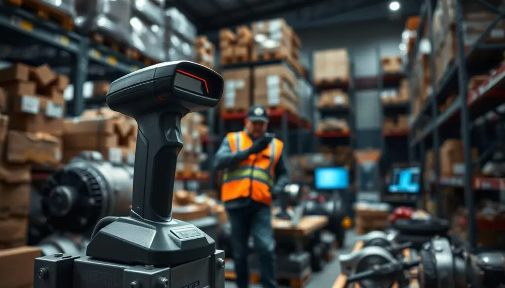 Technician using handheld barcode scanner to track heavy duty truck parts in warehouse