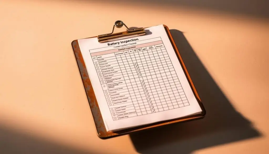 Diesel technician performing battery inspection checklist on commercial truck