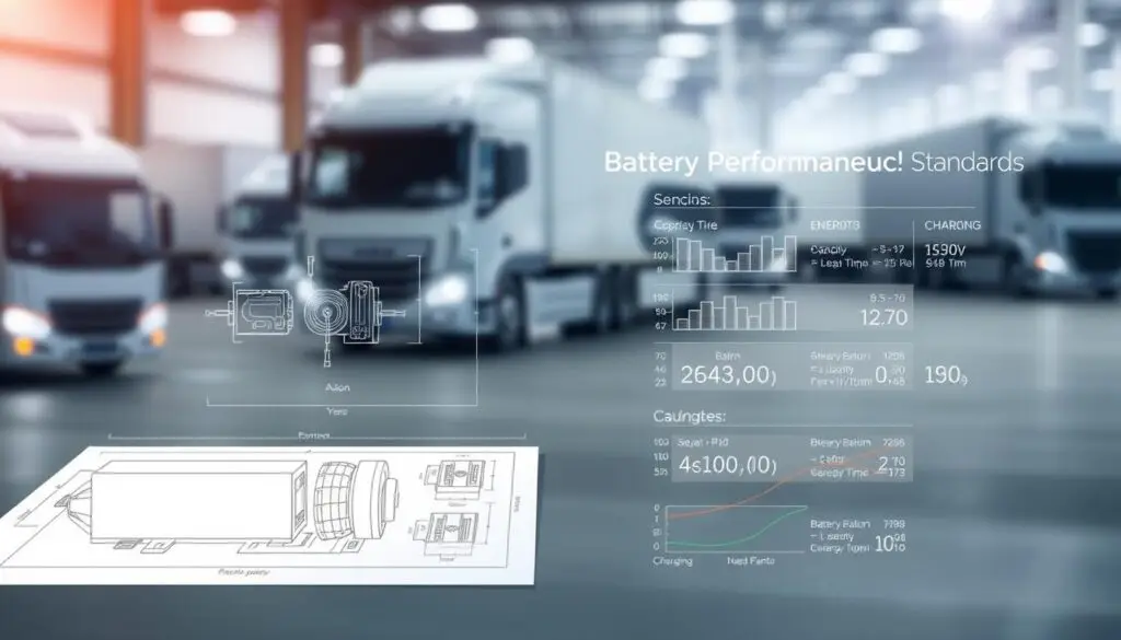 Cutaway diagram showing lithium-ion battery pack components and thermal management system in electric truck
