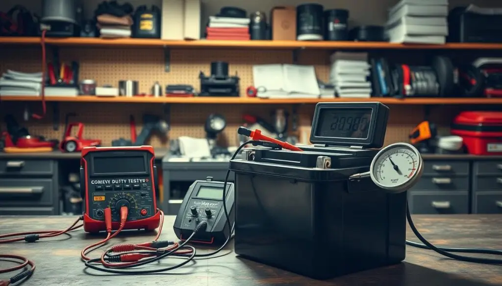 Professional battery testing equipment including digital multimeter and load tester for commercial truck diagnostics