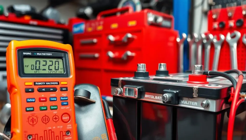Digital multimeter showing battery voltage reading during commercial truck diagnostics
