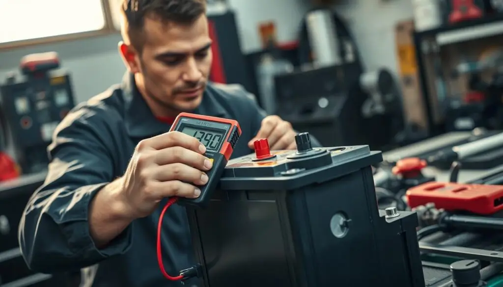 Diesel technician testing battery cold cranking amps during winter inspection