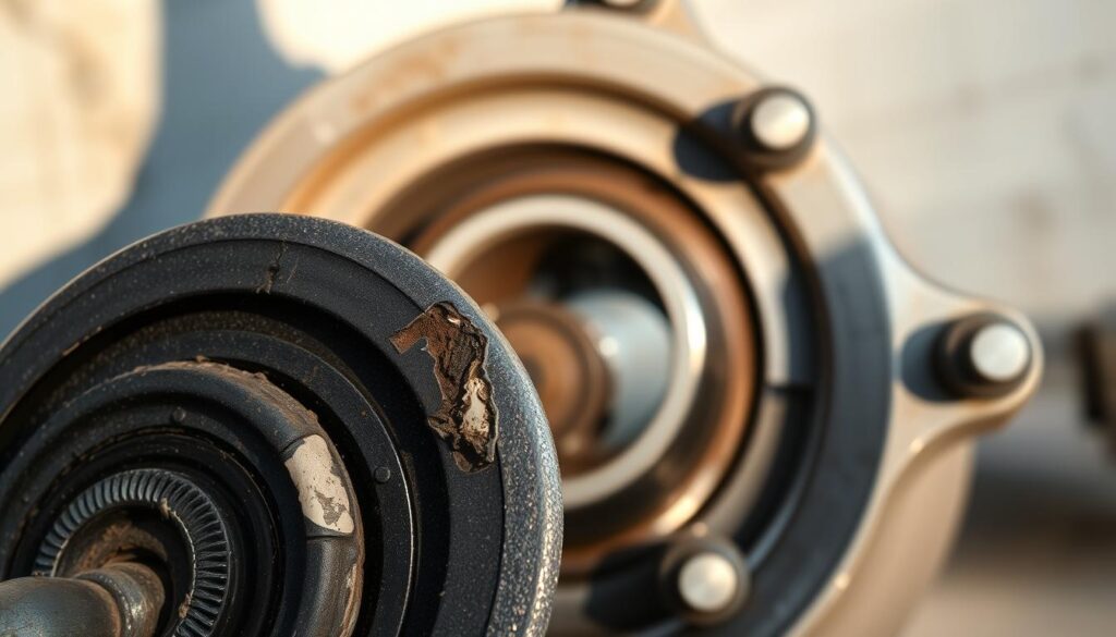 Close-up inspection of trailer bearing showing pitting and discoloration wear patterns