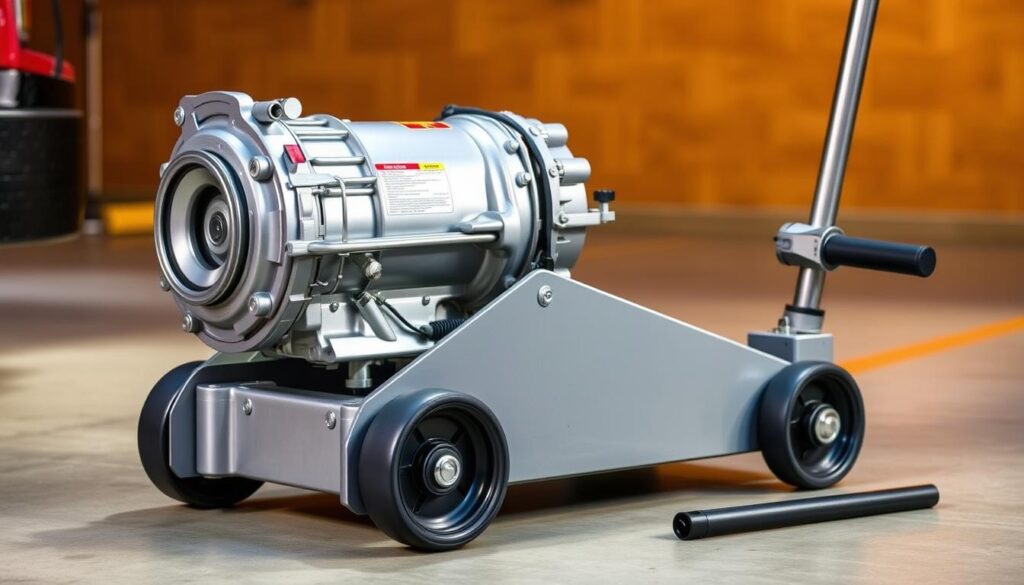 Omega 41020C 2-ton transmission jack positioned in commercial truck service bay