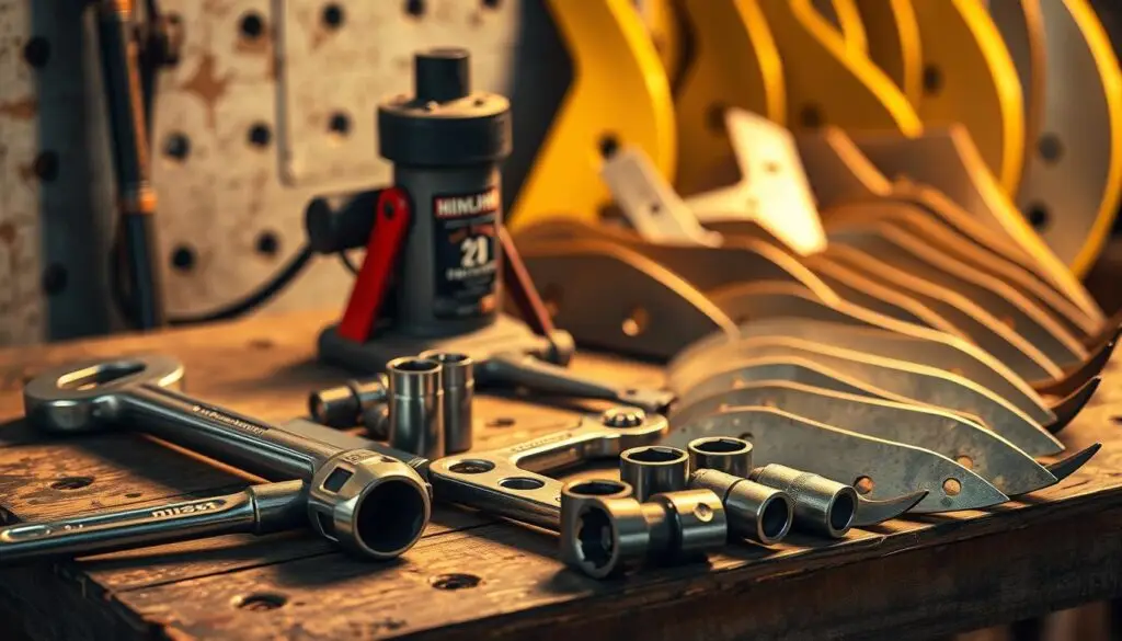 Professional tools required for motor grader cutting edge replacement including impact wrench and torque specifications