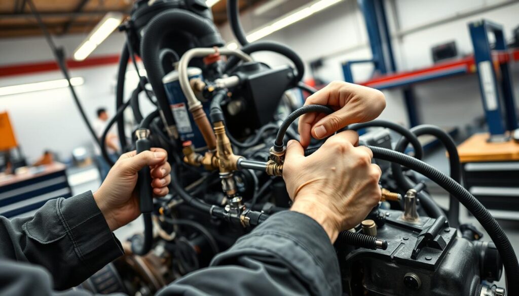 Technician performing manual bleeding procedure on diesel fuel system