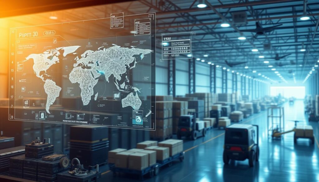 Fleet manager reviewing blockchain supply chain visibility dashboard showing real-time shipment tracking