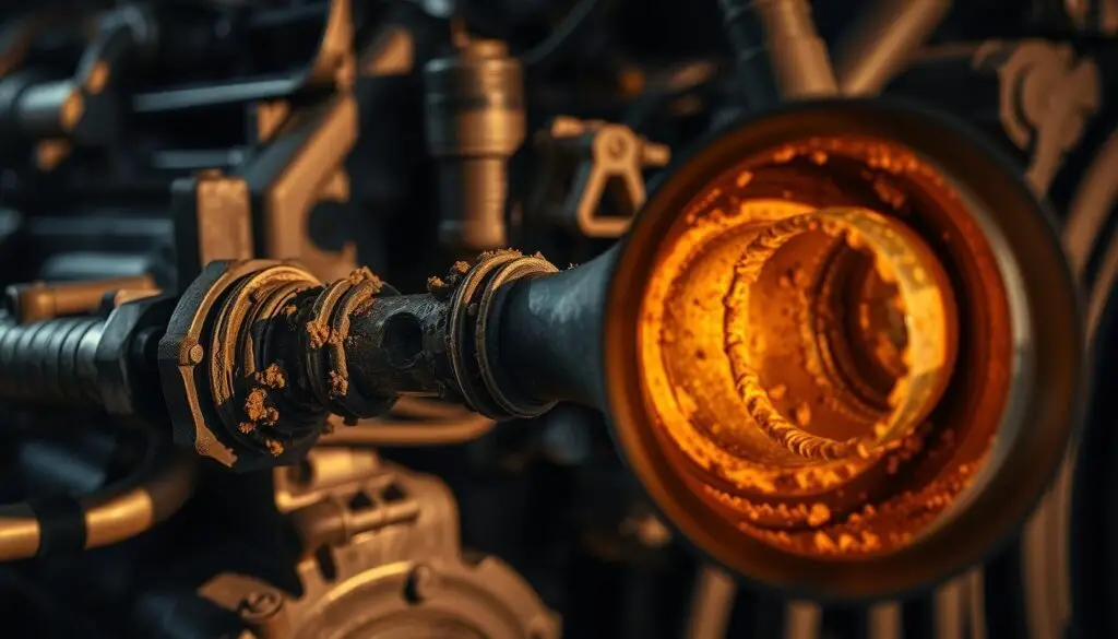 Blocked return line showing collapsed internal hose lining on diesel engine