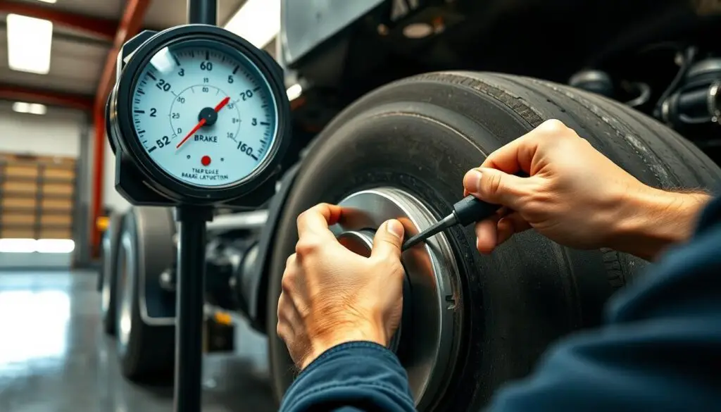 Technician correcting brake adjustment errors on heavy duty truck following CVSA violation