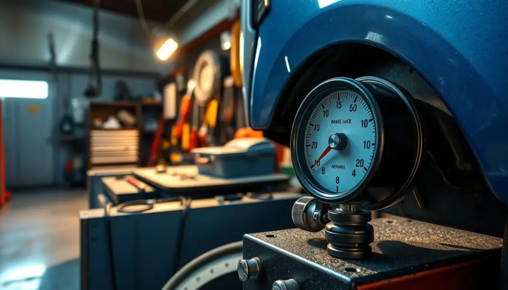 Inspector measuring pushrod stroke travel distance on commercial truck brake chamber
