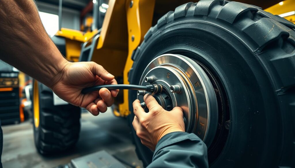 Technician performing brake bleeding procedure on wheel loader hydraulic system