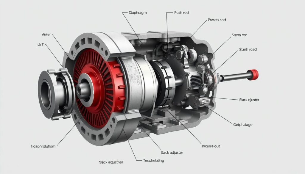 Brake chamber components diagram showing diaphragm, pushrod, and housing structure