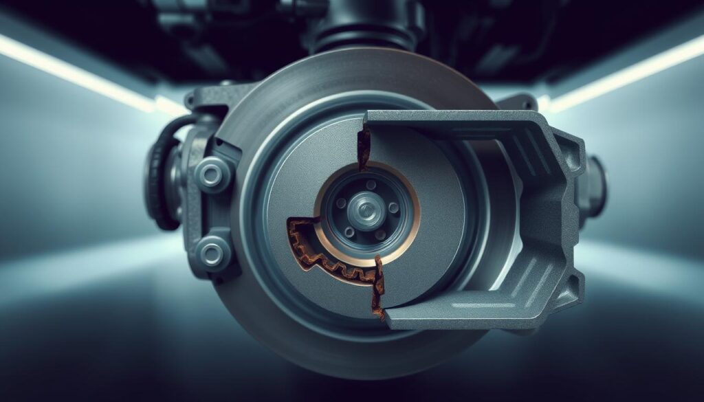 Technician inspecting brake chamber for diaphragm rupture and air leaks