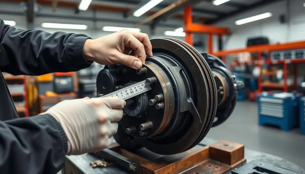 Technician measuring brake chamber pushrod stroke with ruler during fleet inspection
