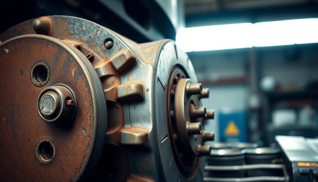 Mechanic checking brake chamber for warning signs during pre-trip inspection