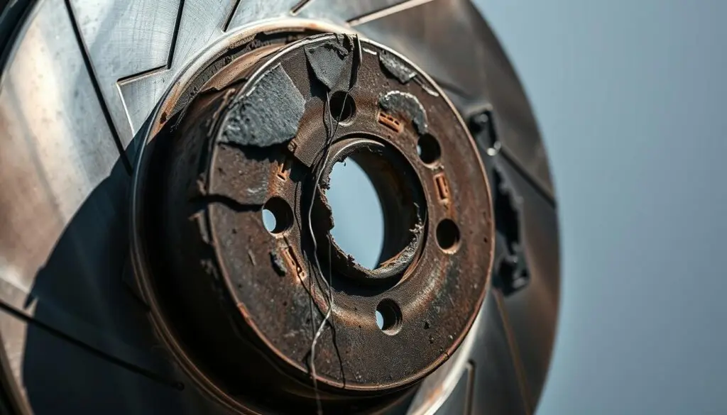 Close-up inspection of wheel loader brake disc showing wear patterns and scoring