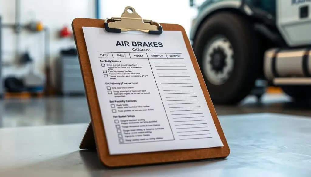 Fleet maintenance technician reviewing brake inspection schedule on tablet in shop