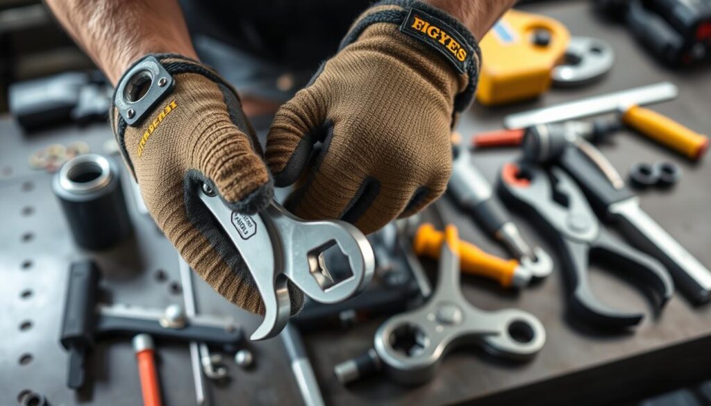 Technician wearing proper PPE including respirator, safety glasses, and gloves during brake work