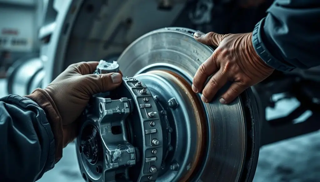 Fleet technician inspecting brake components during winter safety check