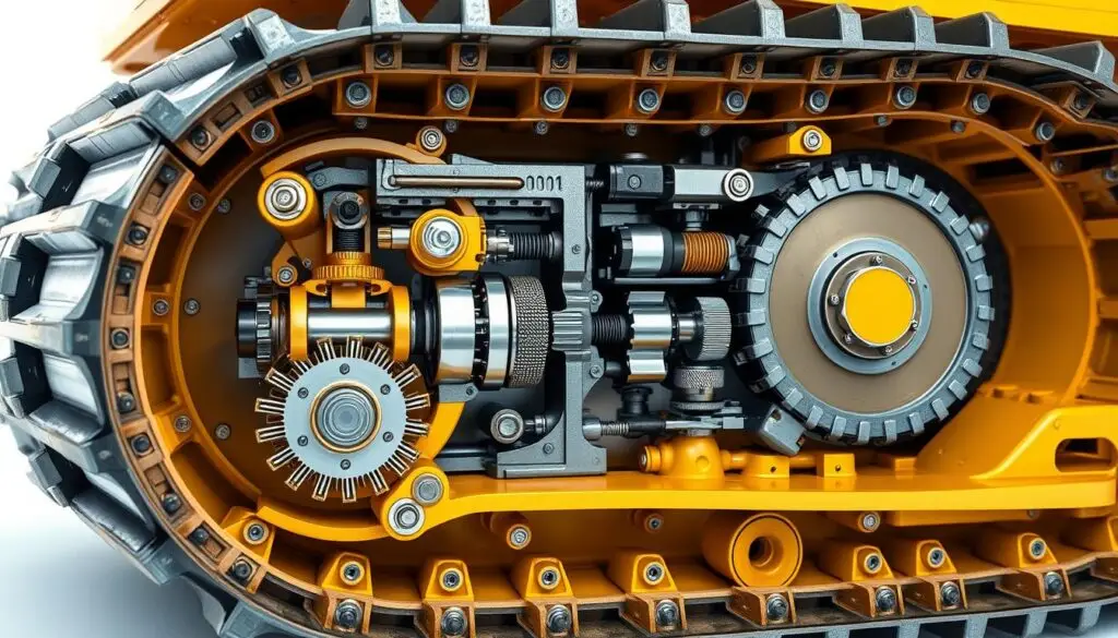 Bulldozer track assembly diagram showing sprocket, idler, rollers, and track chain components