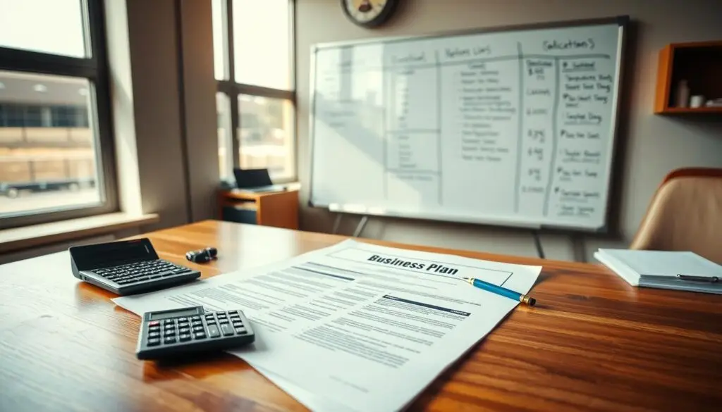 Business owner reviewing financial projections and business plan documents