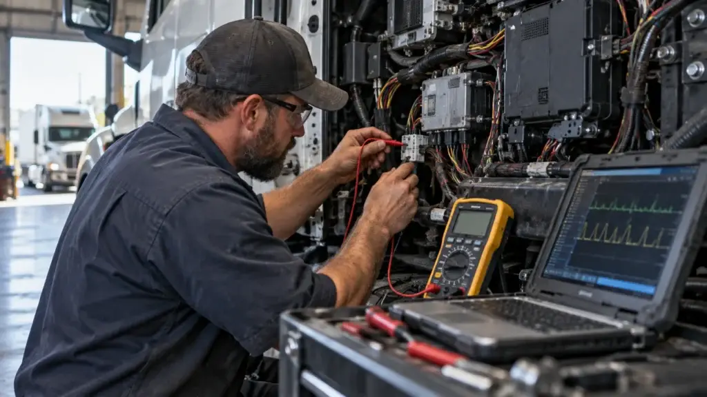 Diesel technician performing CAN bus diagnostics on a heavy-duty truck using a multimeter and diagnostic computer to test wiring and network signals.