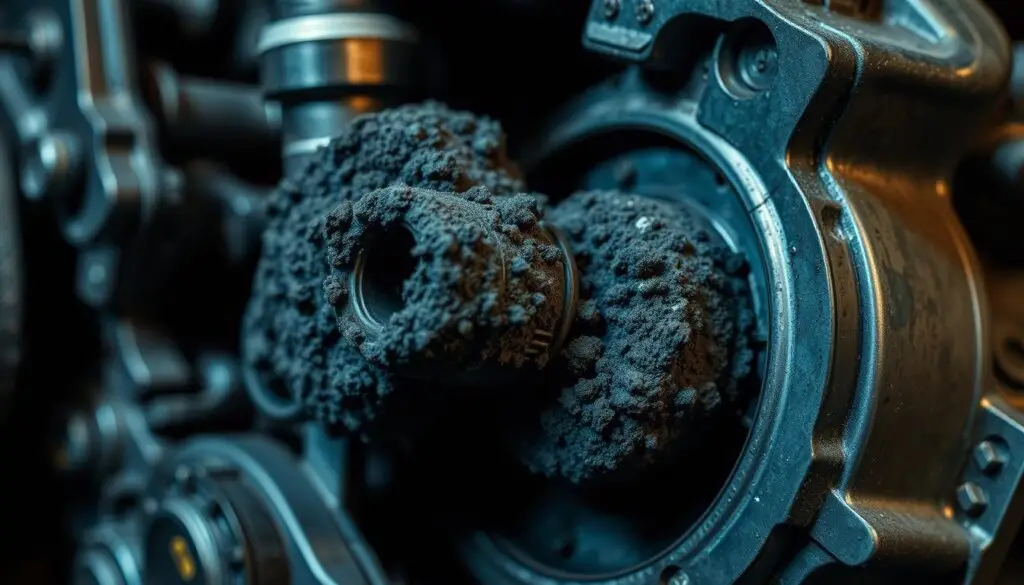 Heavy carbon and soot deposits clogging EGR valve passages in diesel engine