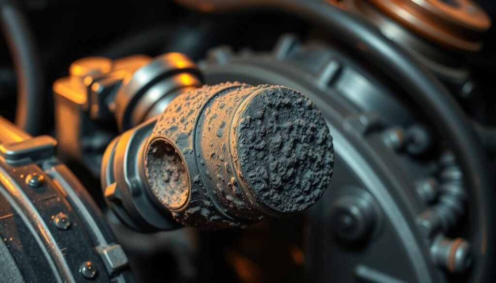 Heavy carbon deposits clogging diesel EGR valve showing soot buildup on valve surfaces