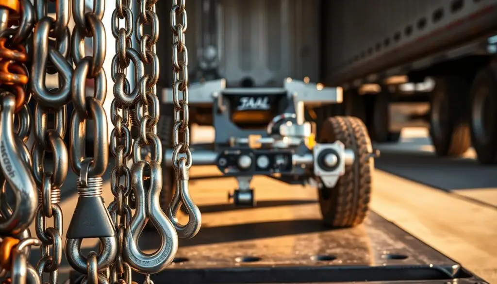 Fifth wheel assembly showing locking jaws and kingpin connection