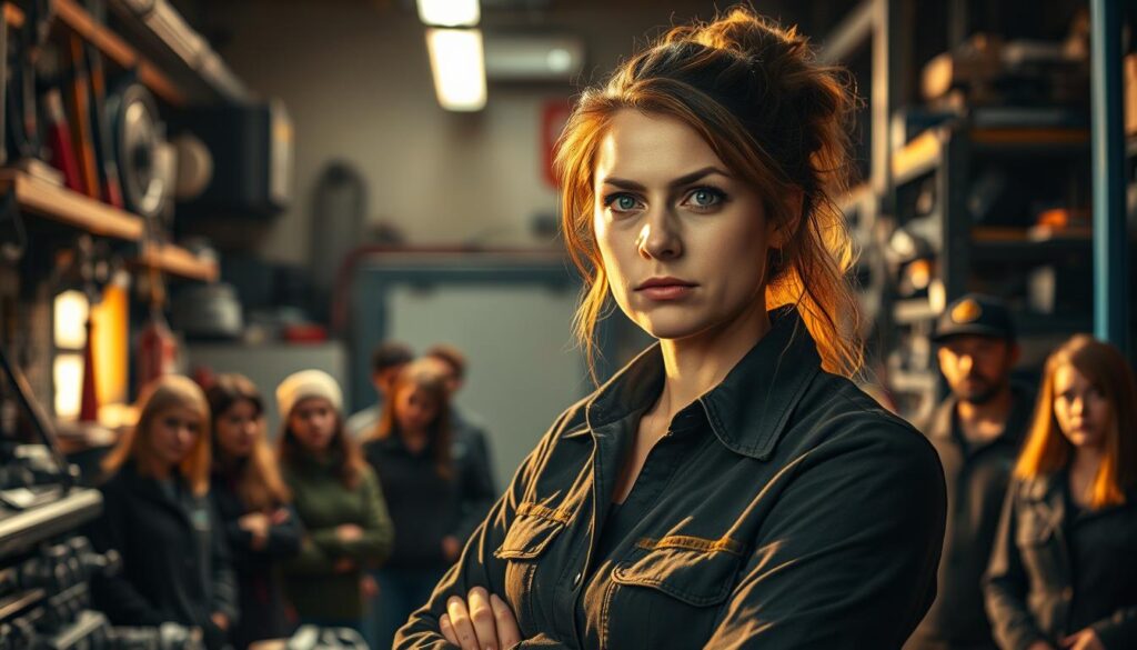 Female diesel instructor demonstrating technical expertise to overcome gender bias