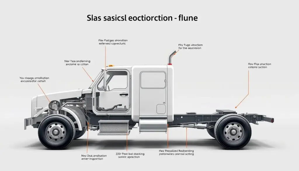 Medium-duty chassis cab showing frame rails and cab-to-axle measurement area for service body mounting