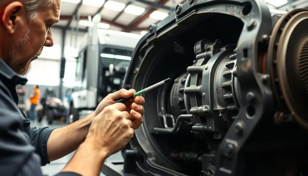 Diesel technician inspecting transmission fluid level on heavy duty truck