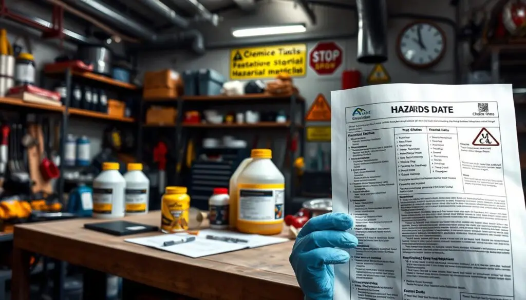 Diesel shop chemical storage area showing proper SDS management and labeling requirements