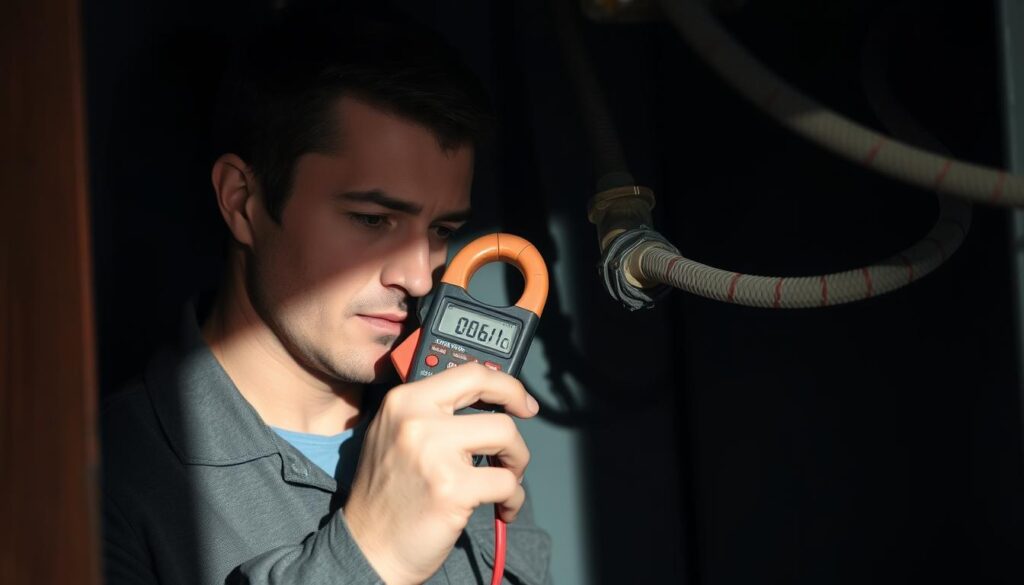 Clamp meter measuring current on industrial motor feeder cable in electrical room