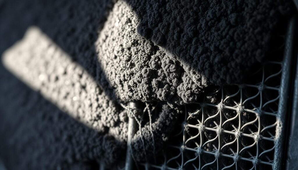 Clogged DPF showing heavy soot accumulation in honeycomb channels