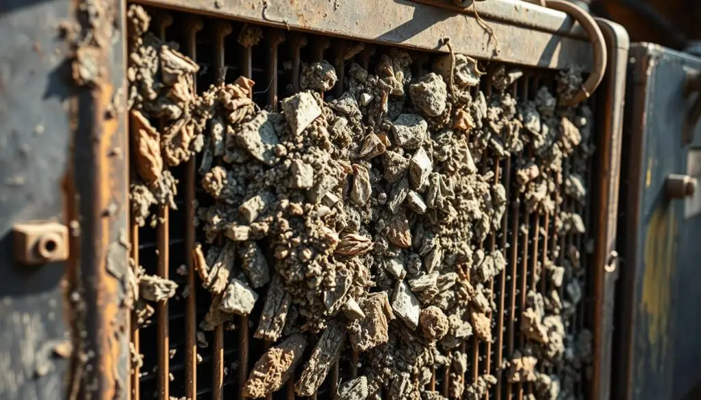 Close-up of clogged backhoe radiator core with dirt and debris blocking cooling fins