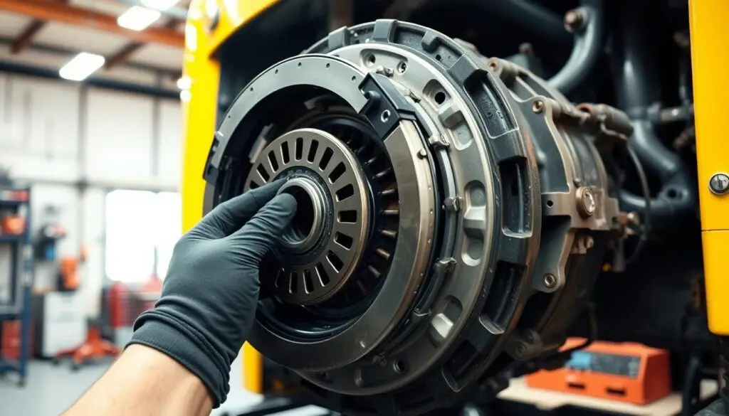 Technician performing clutch inspection under commercial truck