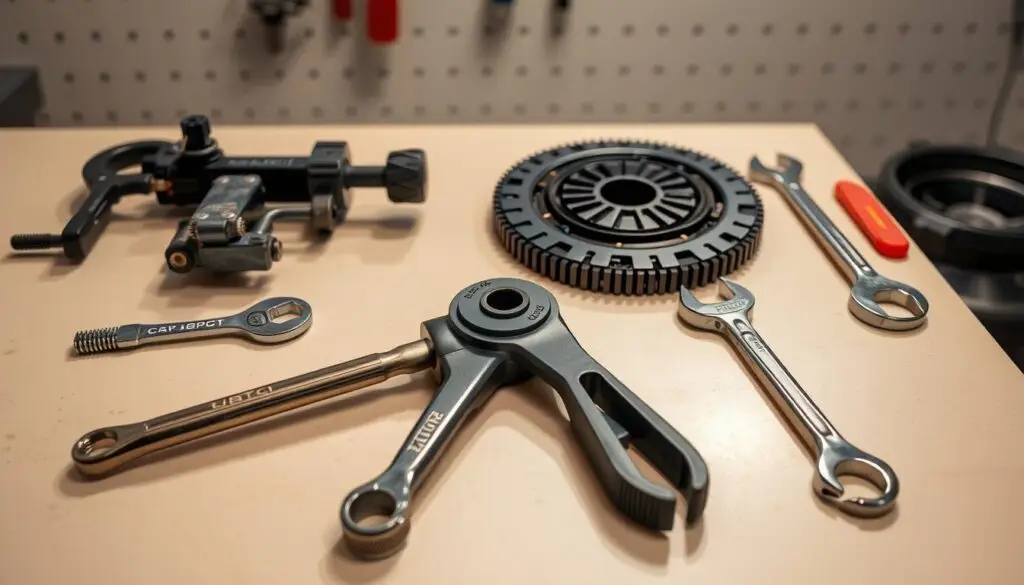 Professional clutch service tools including torque wrenches, alignment tools, and diagnostic equipment