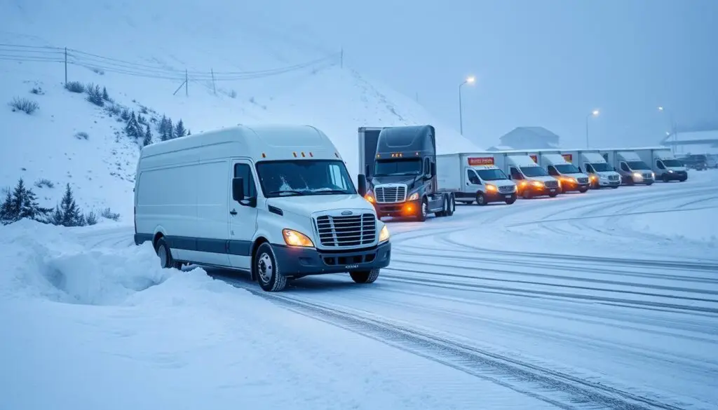 Semi truck in winter conditions showing impact of cold weather on fleet vehicle systems