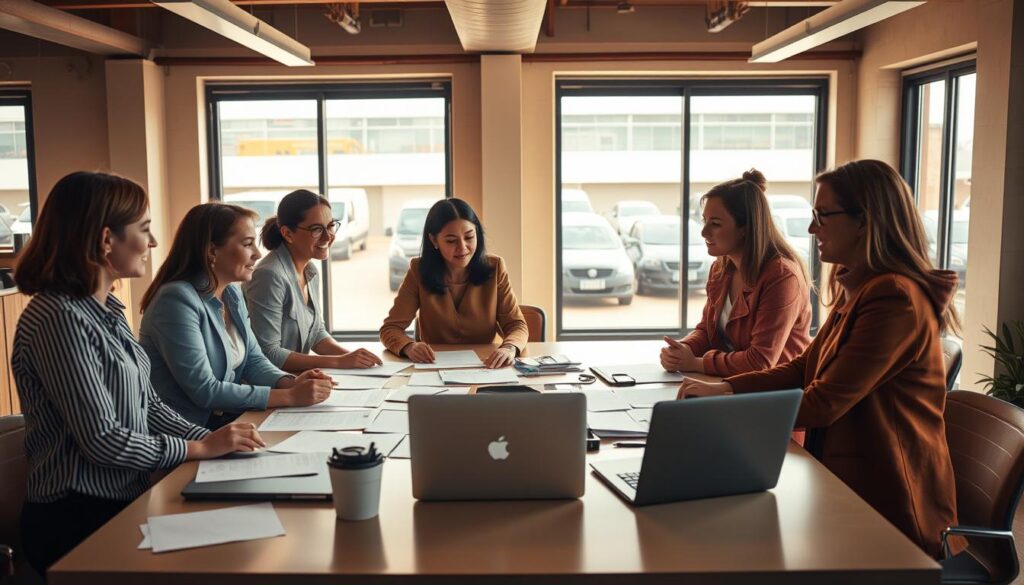 Fleet maintenance team conducting collaborative problem-solving session on vehicle service scheduling